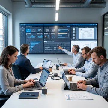 Industrial data specialists reviewing asset information dashboards