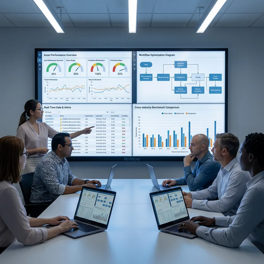 Digital operations team reviewing asset data dashboards