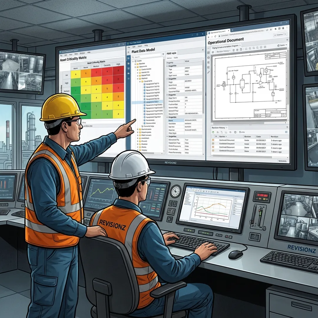 Industrial engineers reviewing asset data dashboards