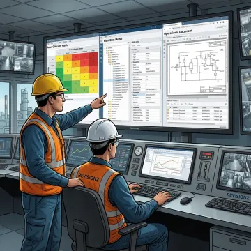 Industrial engineers reviewing asset data dashboards
