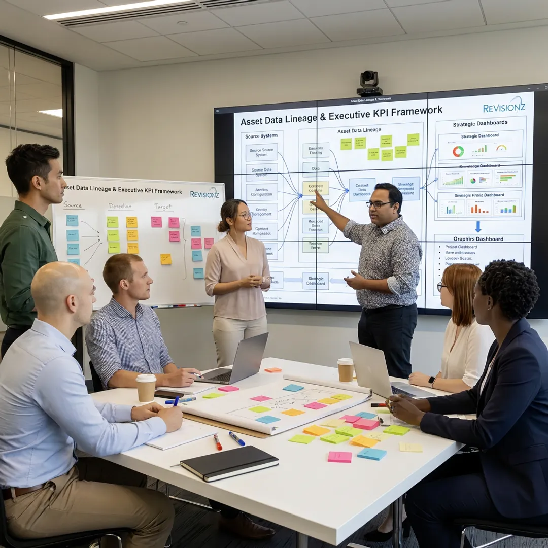 Consultants reviewing an asset management dashboard process