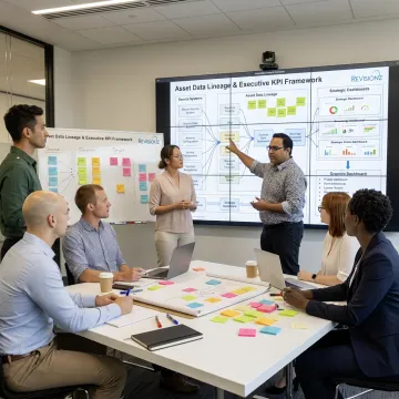 Consultants reviewing an asset management dashboard process