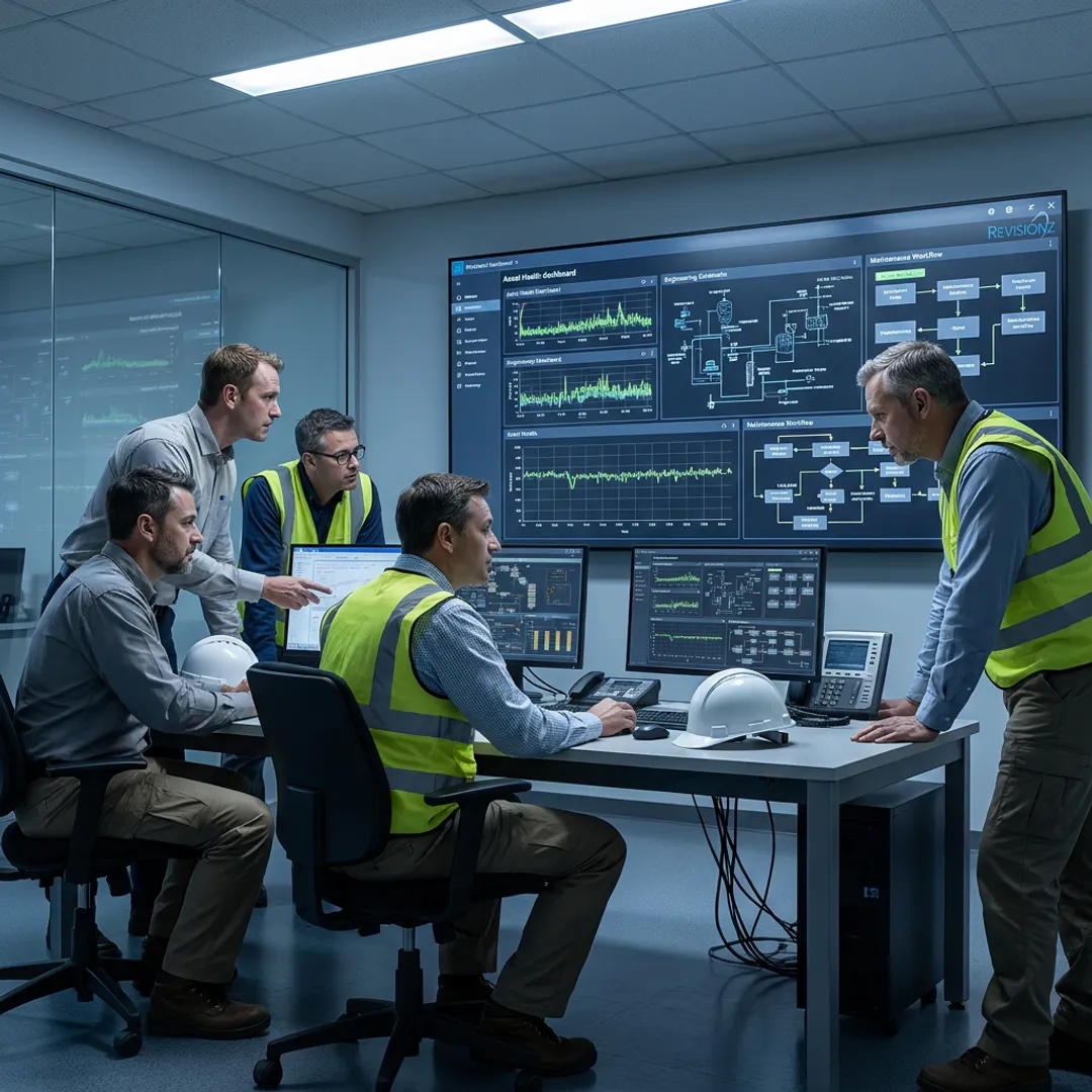 Consultants reviewing industrial asset reliability data