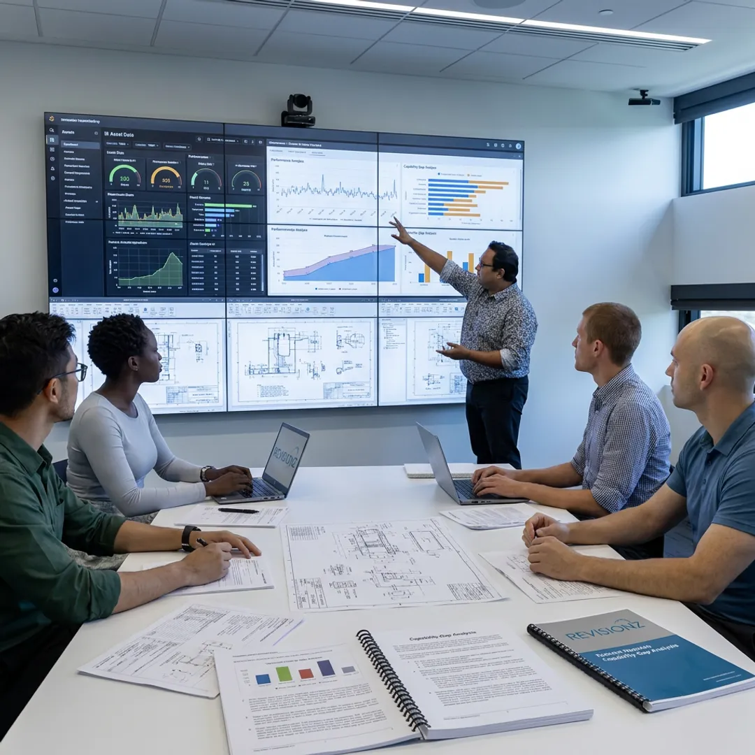 Industrial consultants reviewing asset capability assessment data