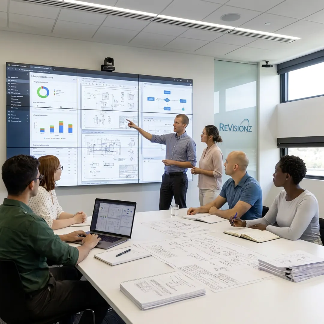 Consultants reviewing lifecycle data workflows on digital screens
