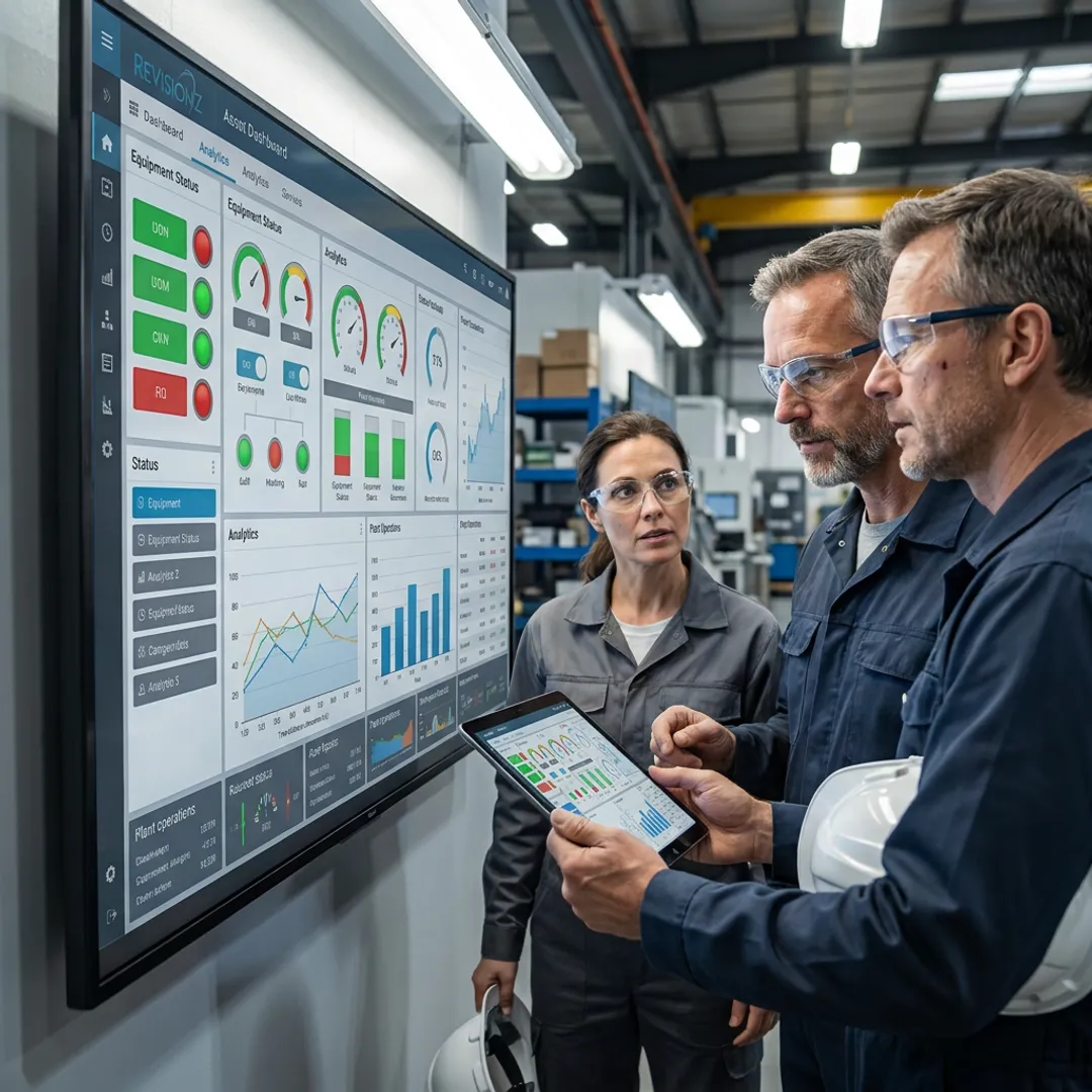 Engineers reviewing real-time asset data dashboard