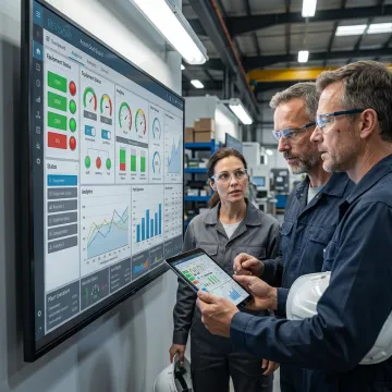 Engineers reviewing real-time asset data dashboard