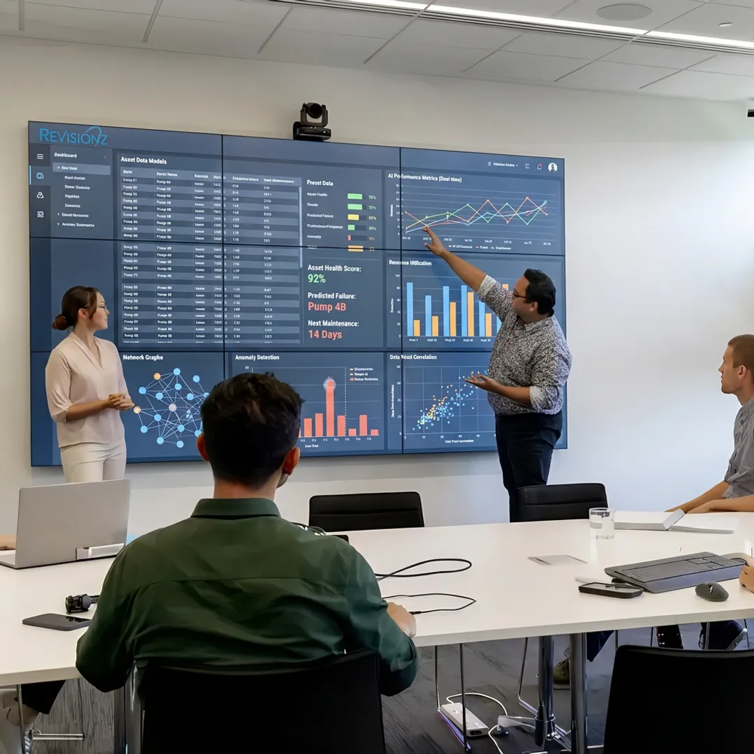 Industrial analytics team reviewing AI data insights