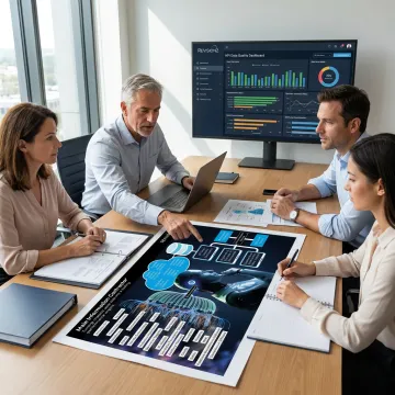 PLM consultants analyzing lifecycle data dashboards