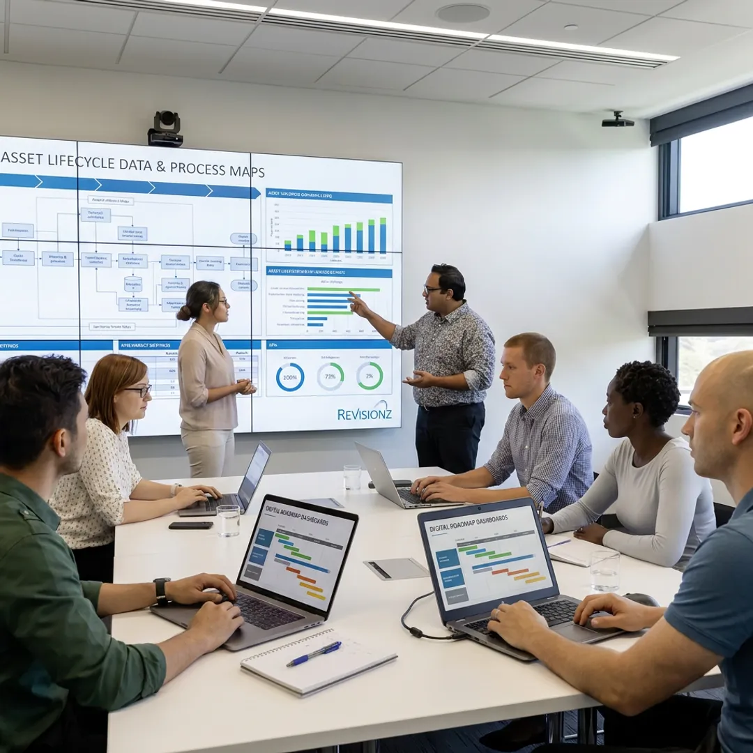 Consultants reviewing lifecycle data and digital roadmap