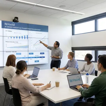 Digital consultants reviewing industrial transformation data