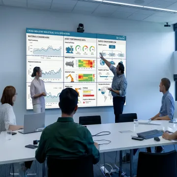 Industrial team reviewing supply chain data dashboards