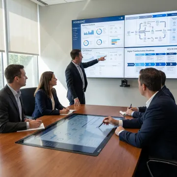 Digital transformation consultants reviewing industrial data dashboards