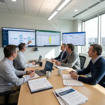 Data governance consultants reviewing asset data dashboards