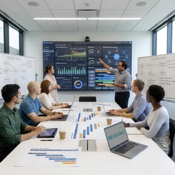 AI consulting team reviewing industrial data dashboards