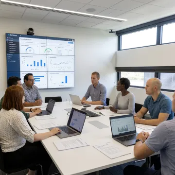 Consultants reviewing asset information governance dashboards