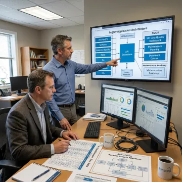Legacy system modernization consultants reviewing digital asset data