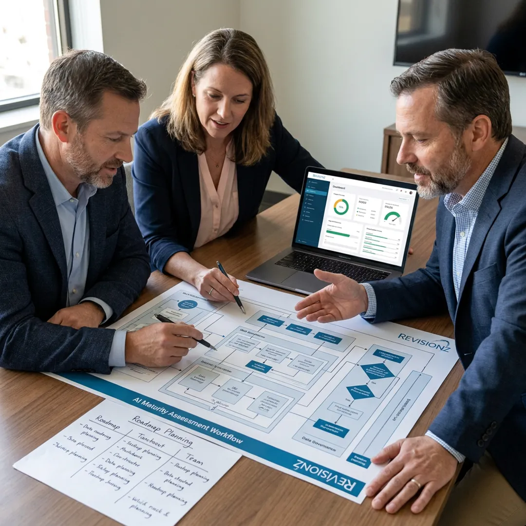 Consultants mapping AI maturity assessment steps