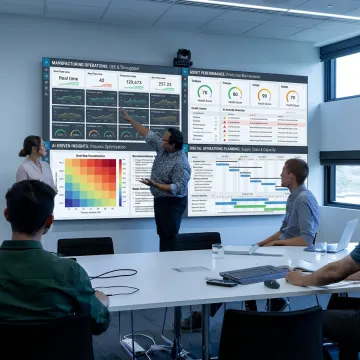Digital manufacturing consulting team reviewing industrial data