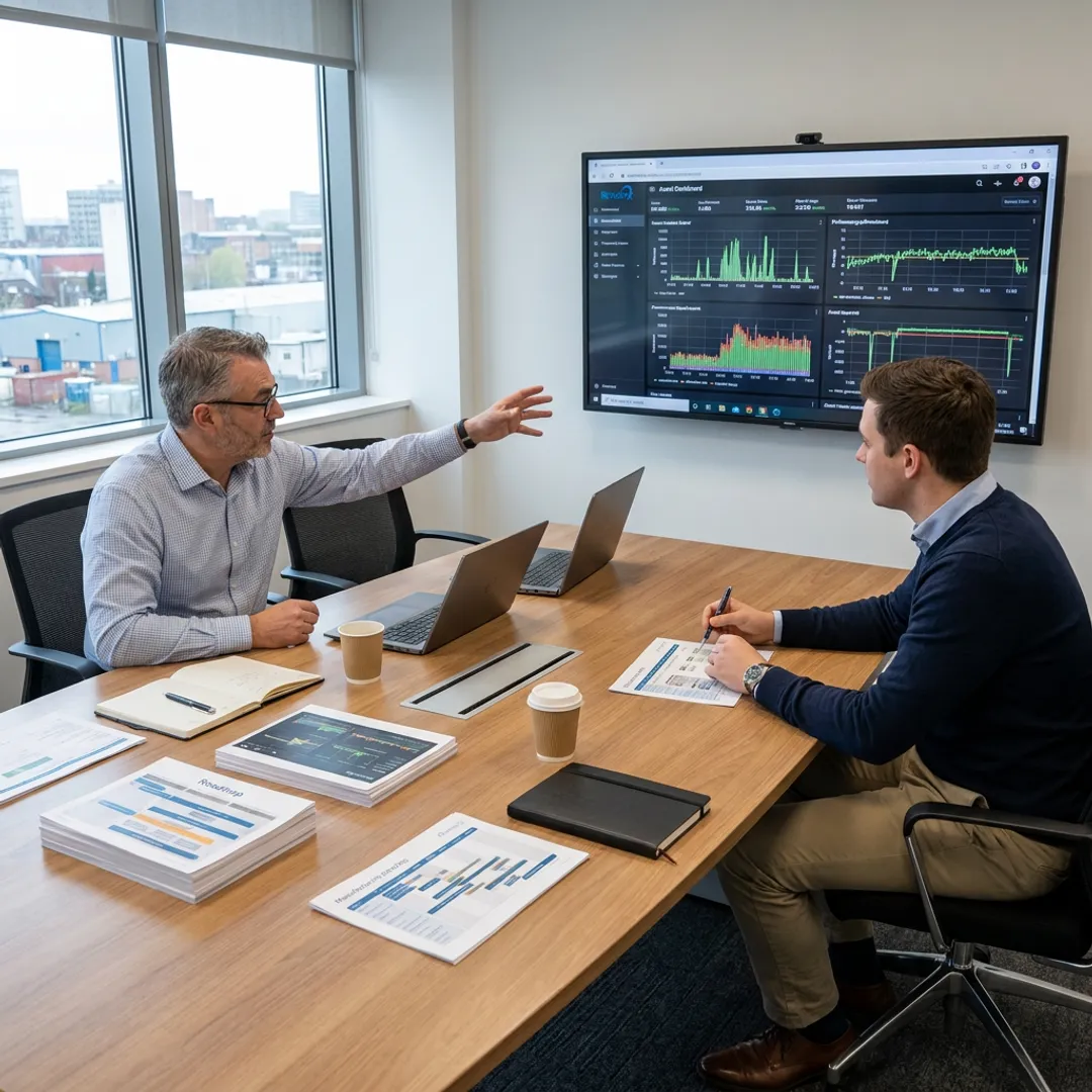 Consultants reviewing digital manufacturing data and operations roadmap