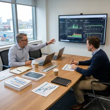 Consultants reviewing digital manufacturing data and operations roadmap