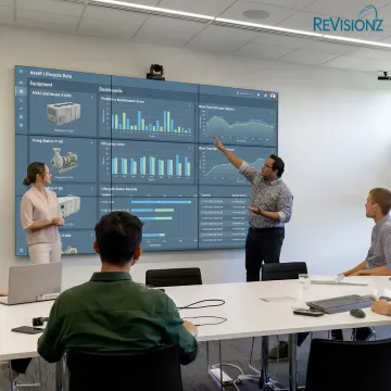 Industrial team reviewing capital asset data dashboards