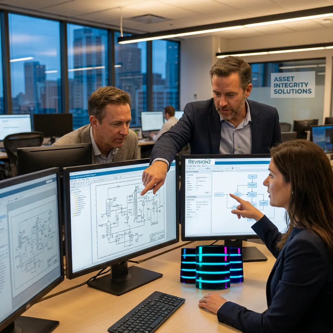 Consultants reviewing integrated asset documents on digital screens