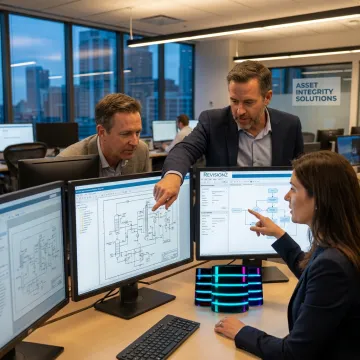 Consultants reviewing integrated asset documents on digital screens