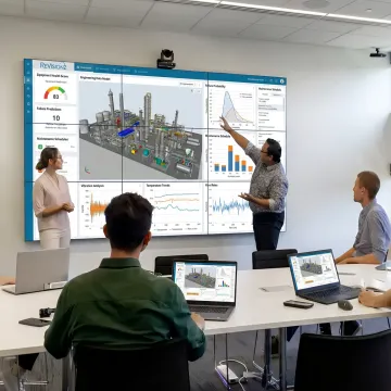 Industrial team reviewing digital asset data dashboards