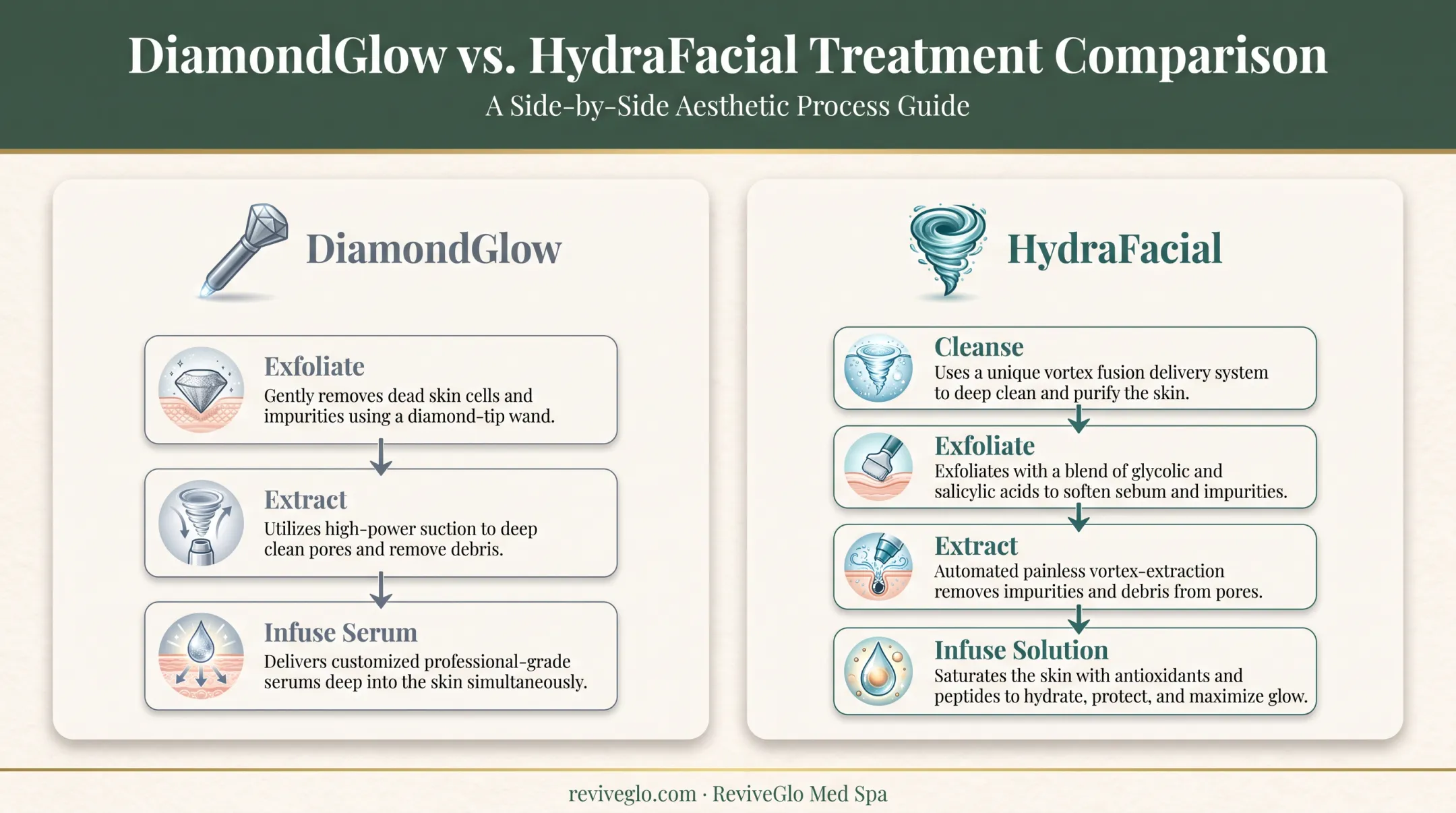 DiamondGlow diamond-tip mechanism versus HydraFacial Vortex-Fusion delivery comparison