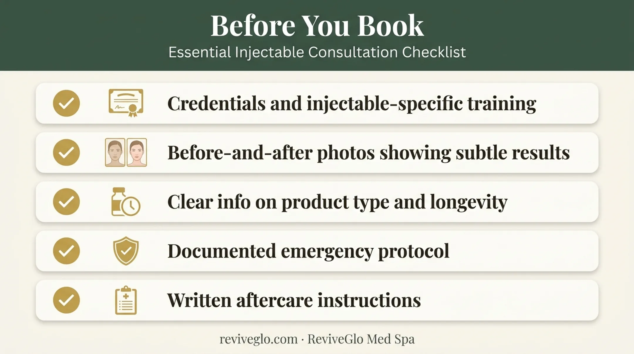5-point checklist infographic for vetting lip filler providers