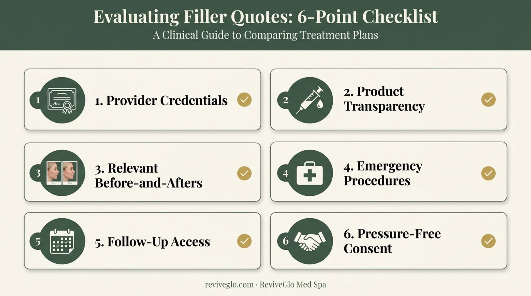 6-point checklist for comparing facial balancing filler provider quotes infographic