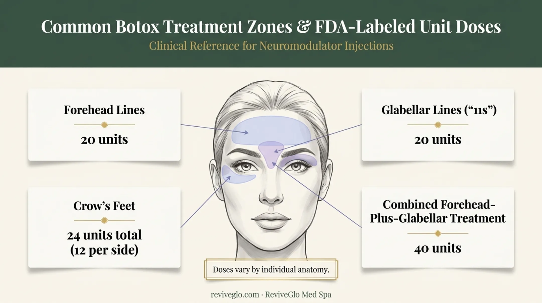 Botox unit dosage requirements by facial treatment area chart