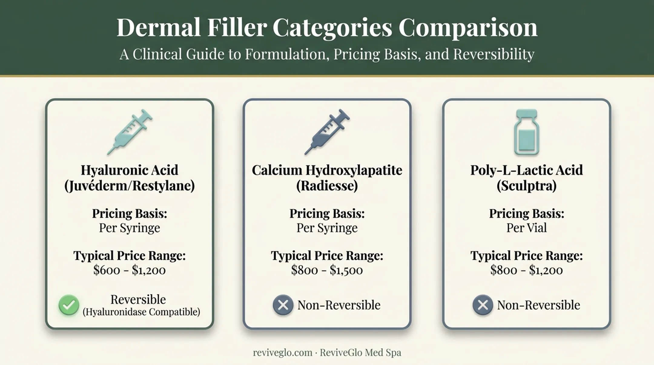 Comparison chart of hyaluronic acid CaHA and PLLA filler pricing