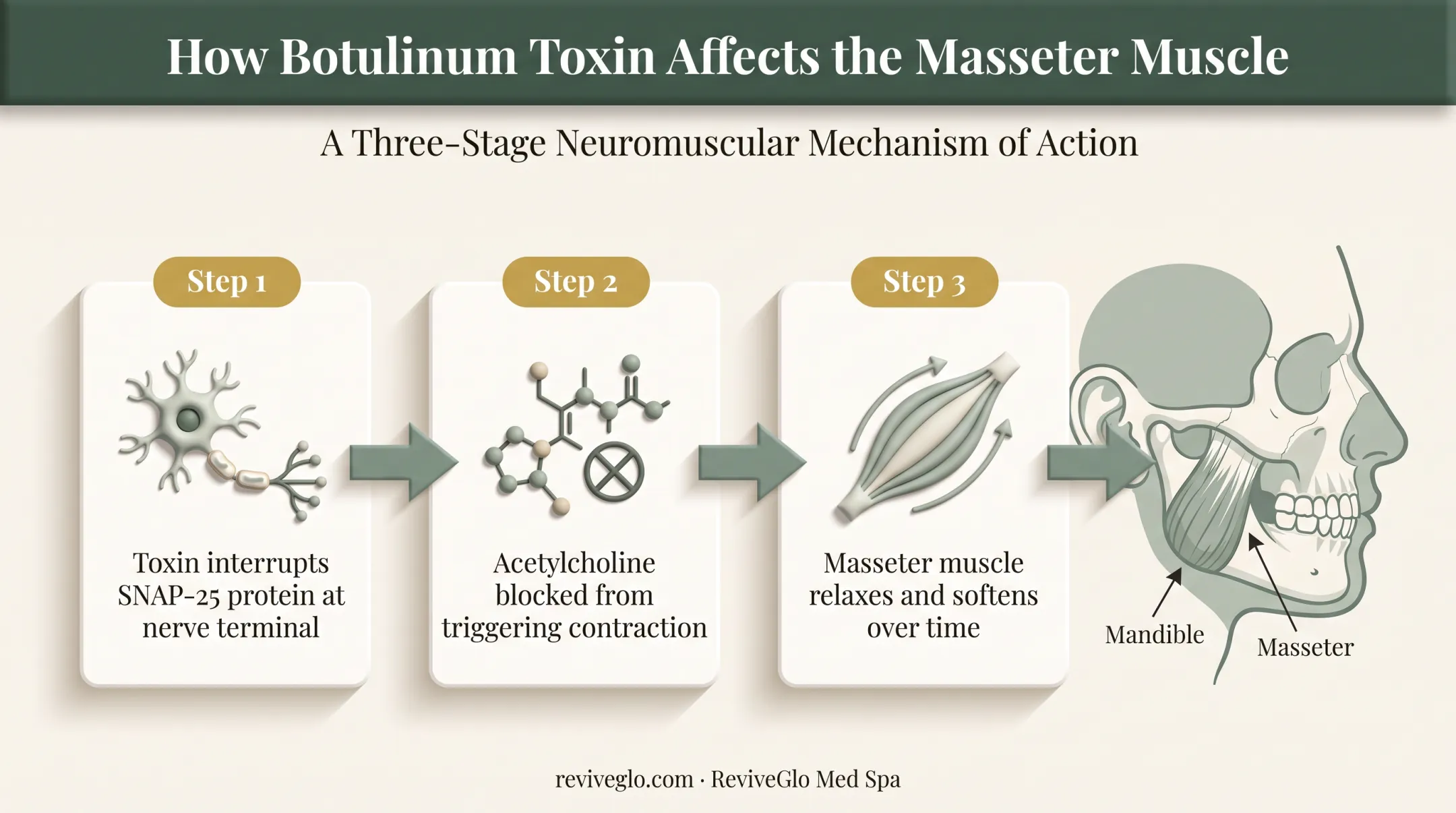 Botulinum toxin mechanism blocking nerve signals to masseter muscle