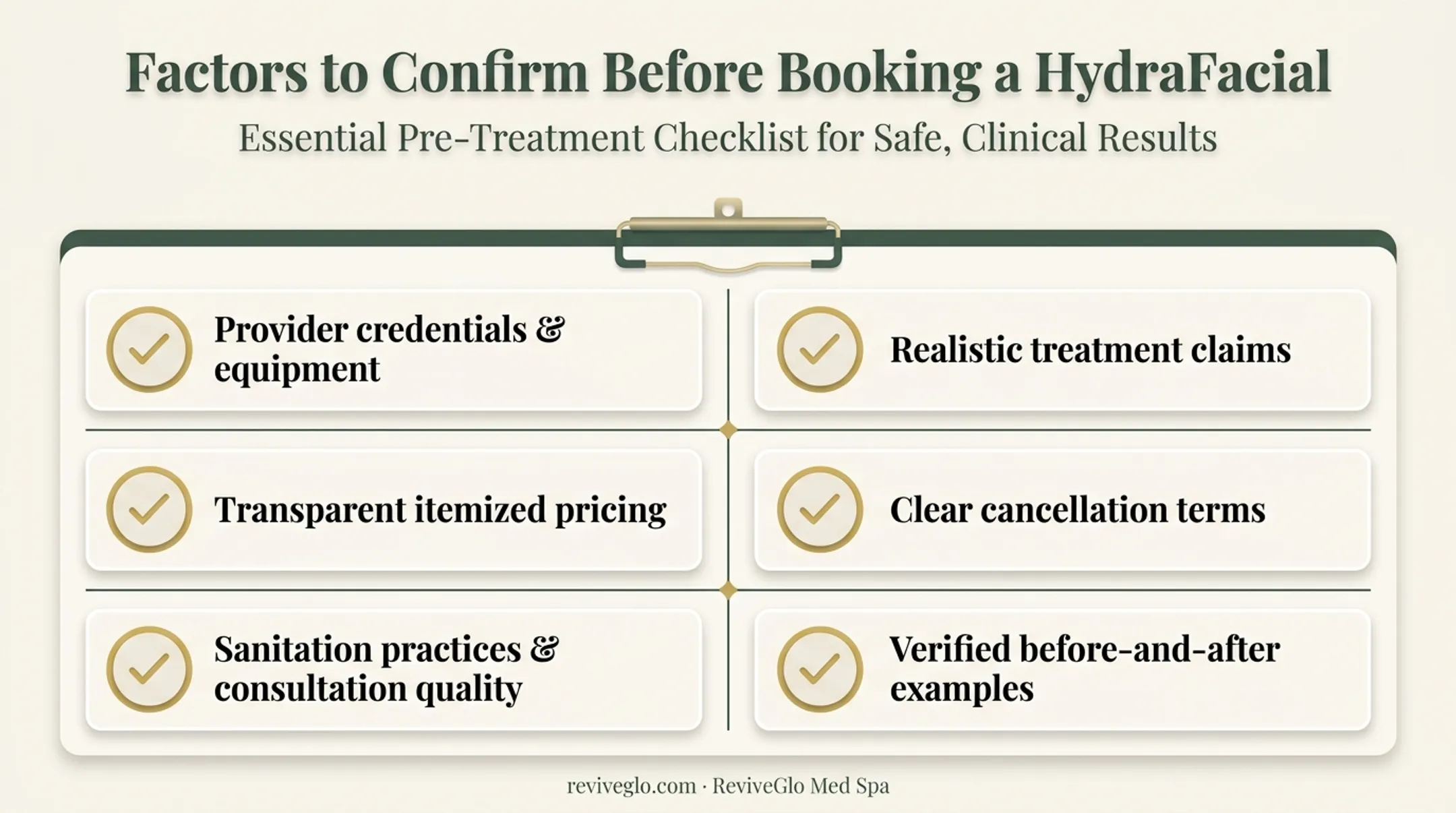 HydraFacial booking checklist covering credentials pricing and consultation quality