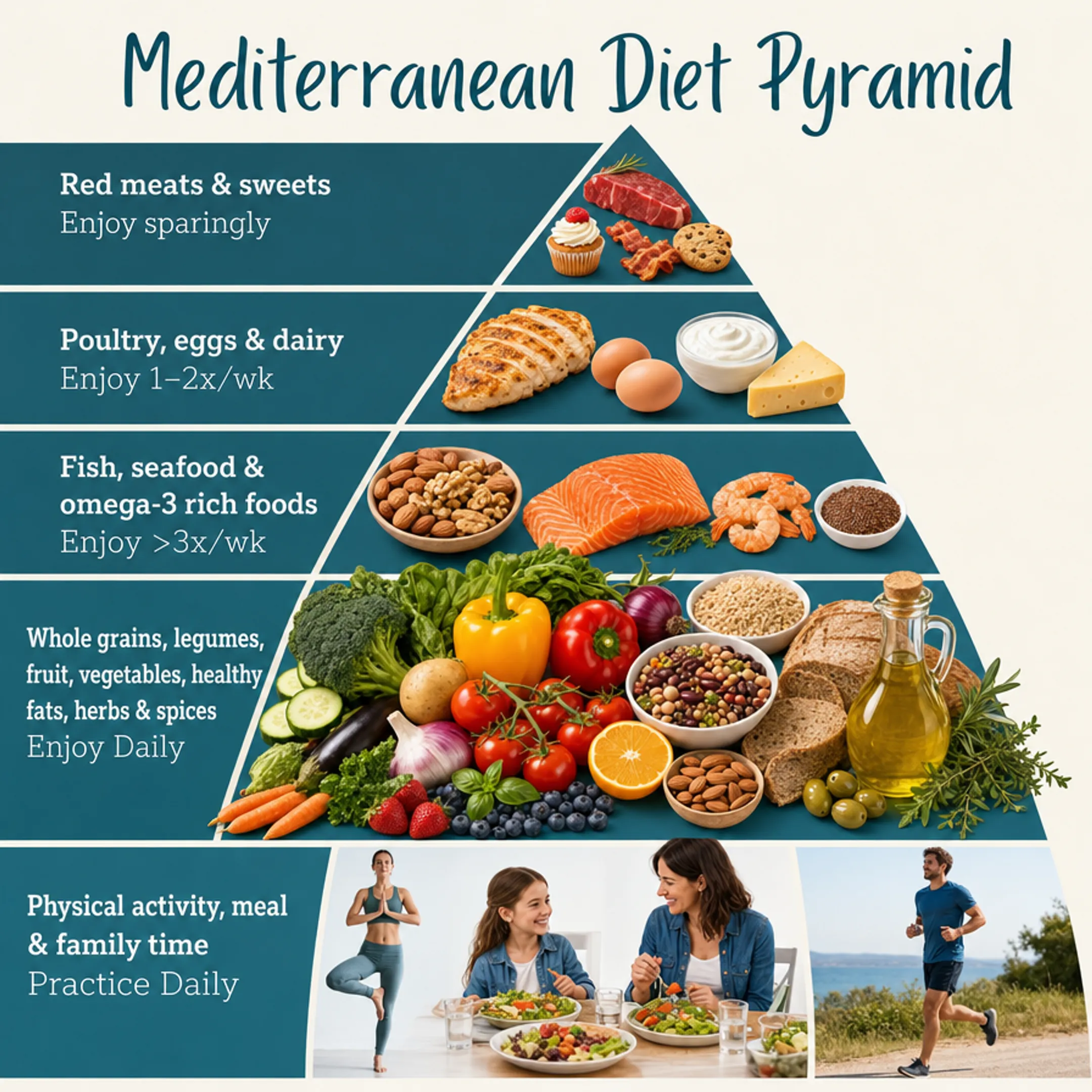 Mediterranean diet plate with olive oil vegetables fish and whole grains