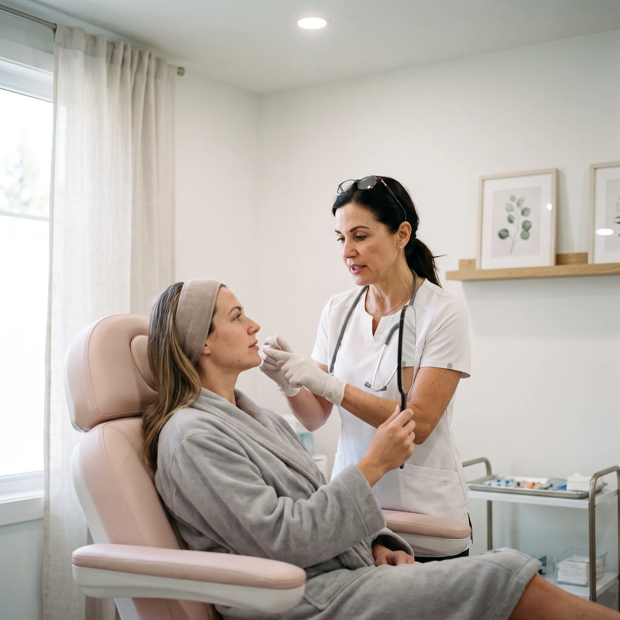 Provider consulting with a client about lip filler treatment