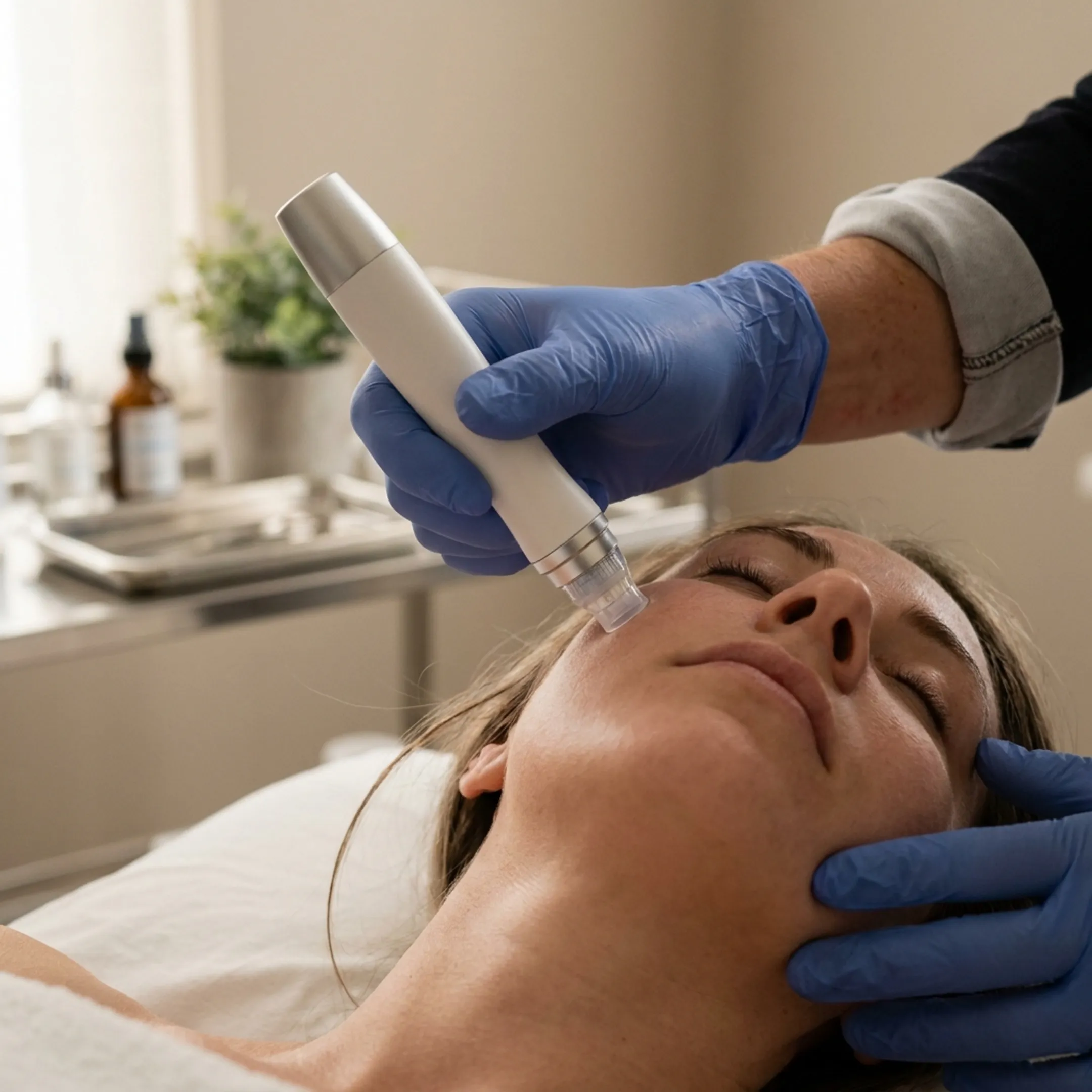 Aesthetician performing a glass skin micro-infusion facial treatment on a client