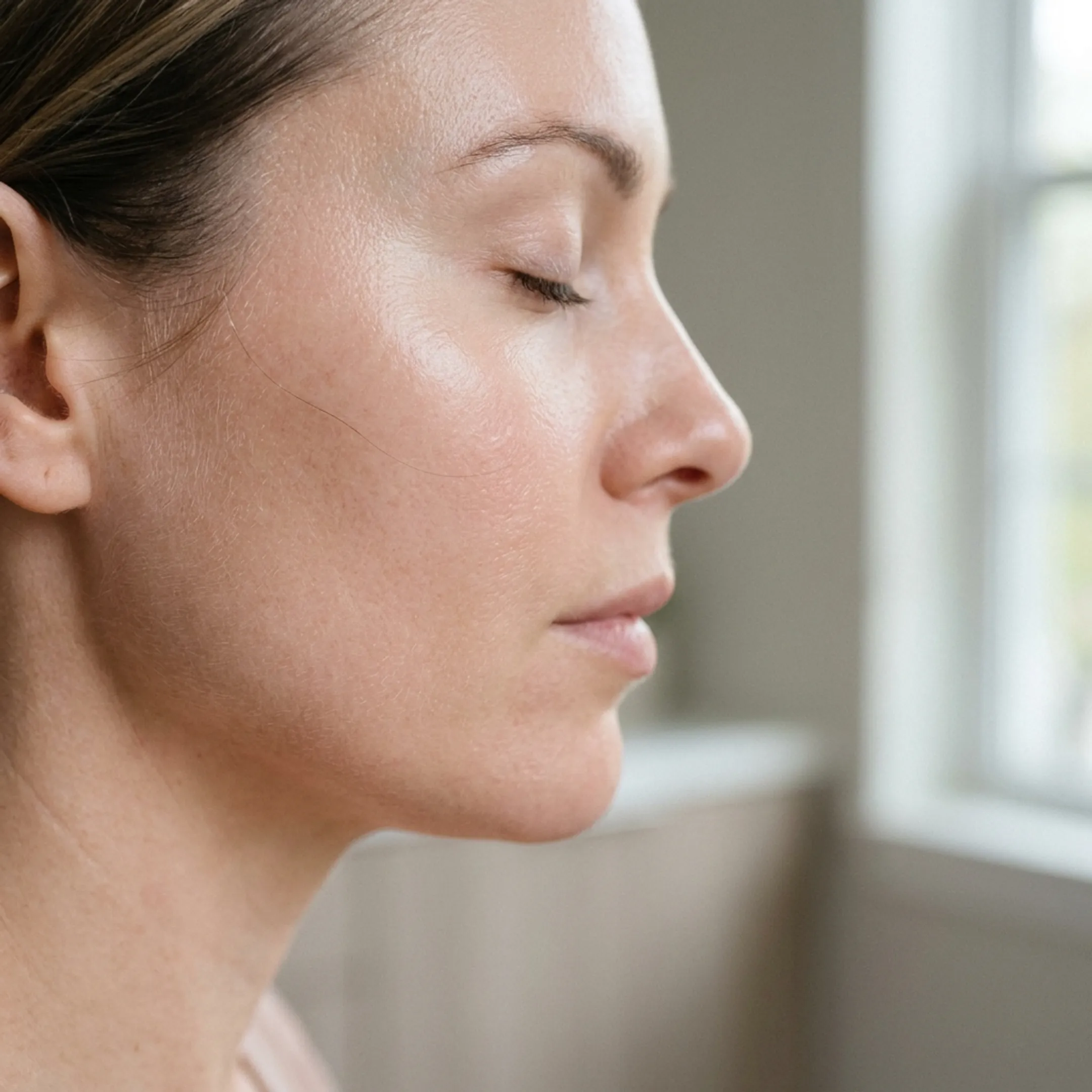 Client showcasing radiant, glass-like smooth facial skin after micro-infusion therapy