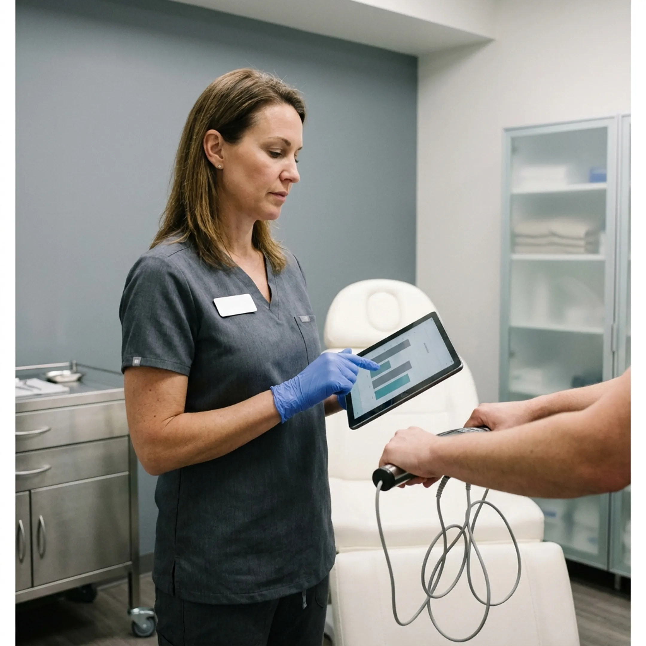 Clinical provider measuring patient health metrics during consultation