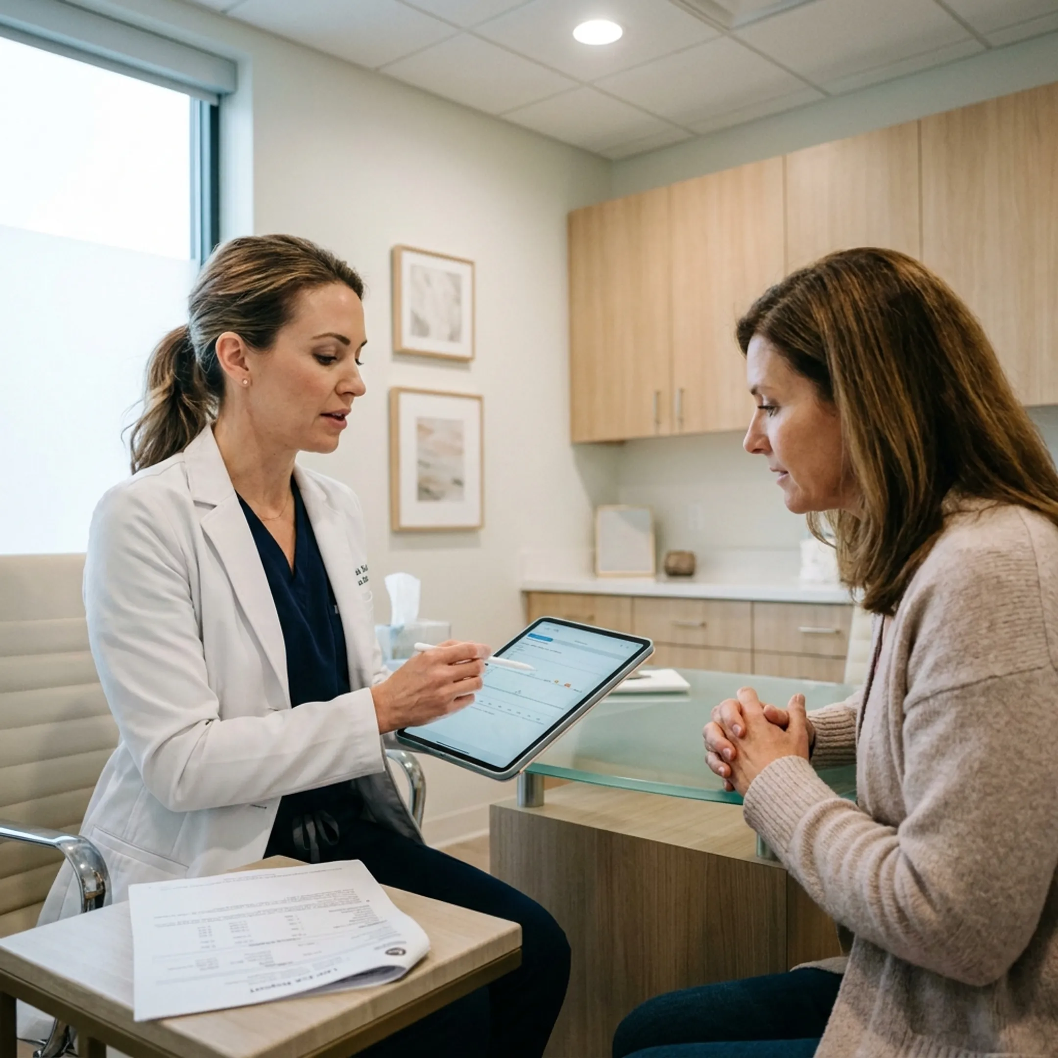 Medical provider consulting with patient regarding weight loss management