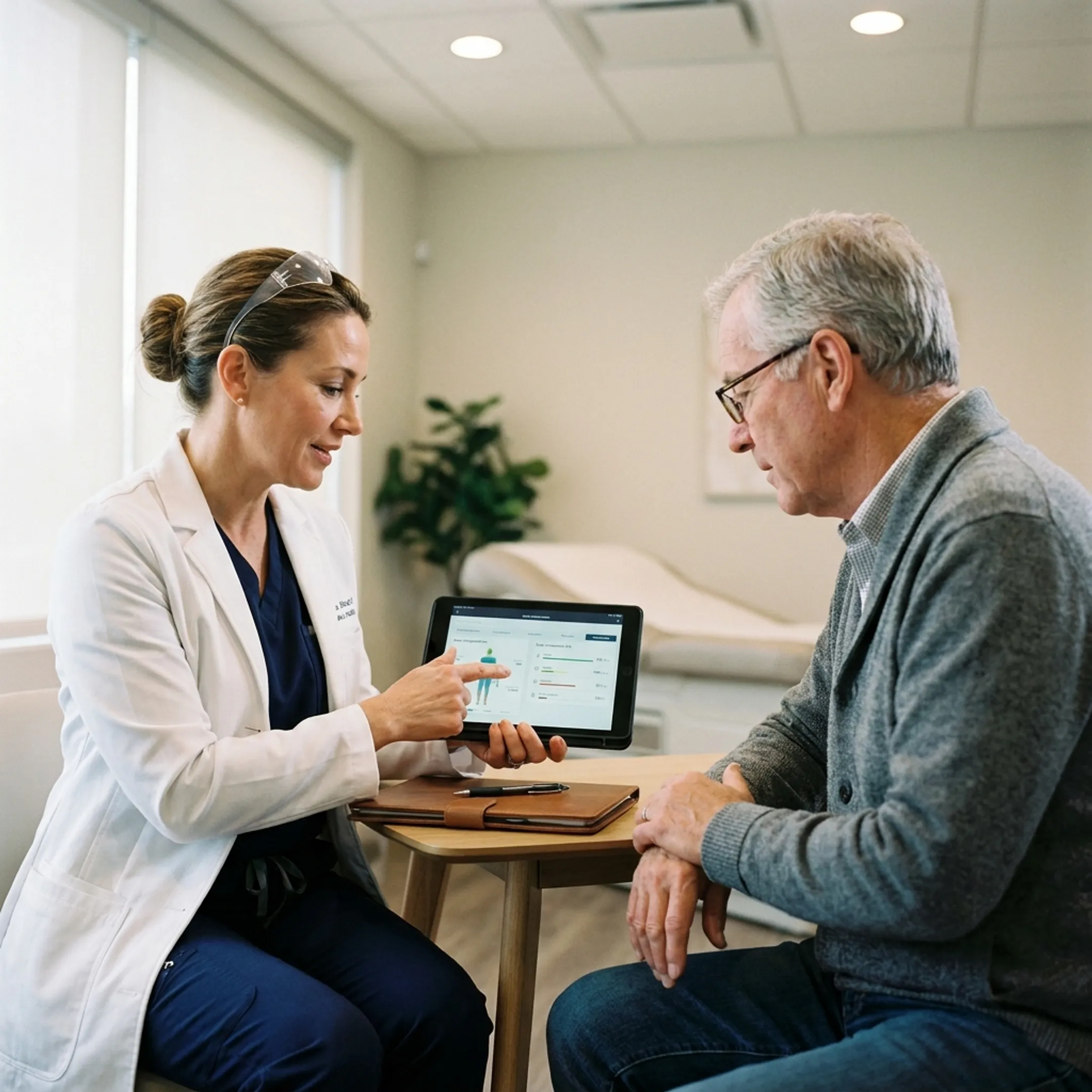 Healthcare specialist reviewing medical charts with a senior client