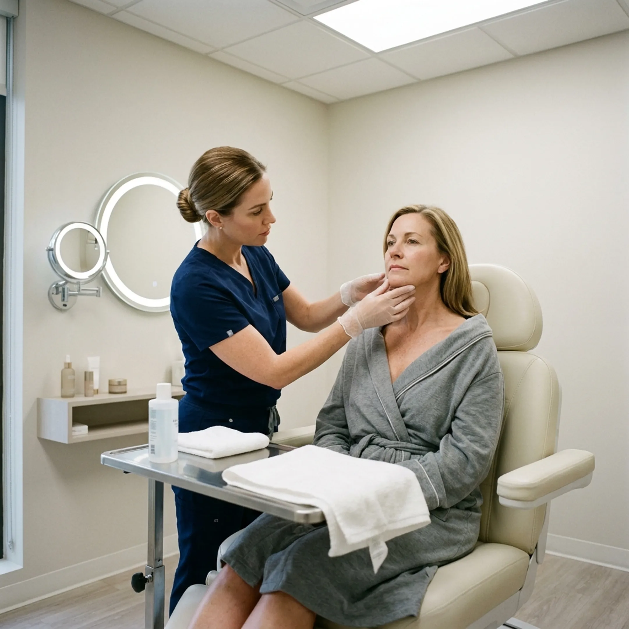 Aesthetic nurse injector assessing a client's jawline and neck contours in a medical spa setting