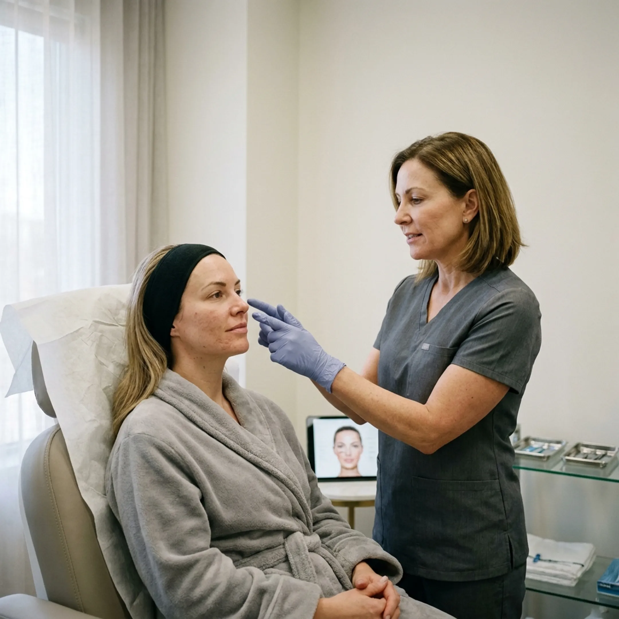 Aesthetic nurse injector preparing treatment plan for client