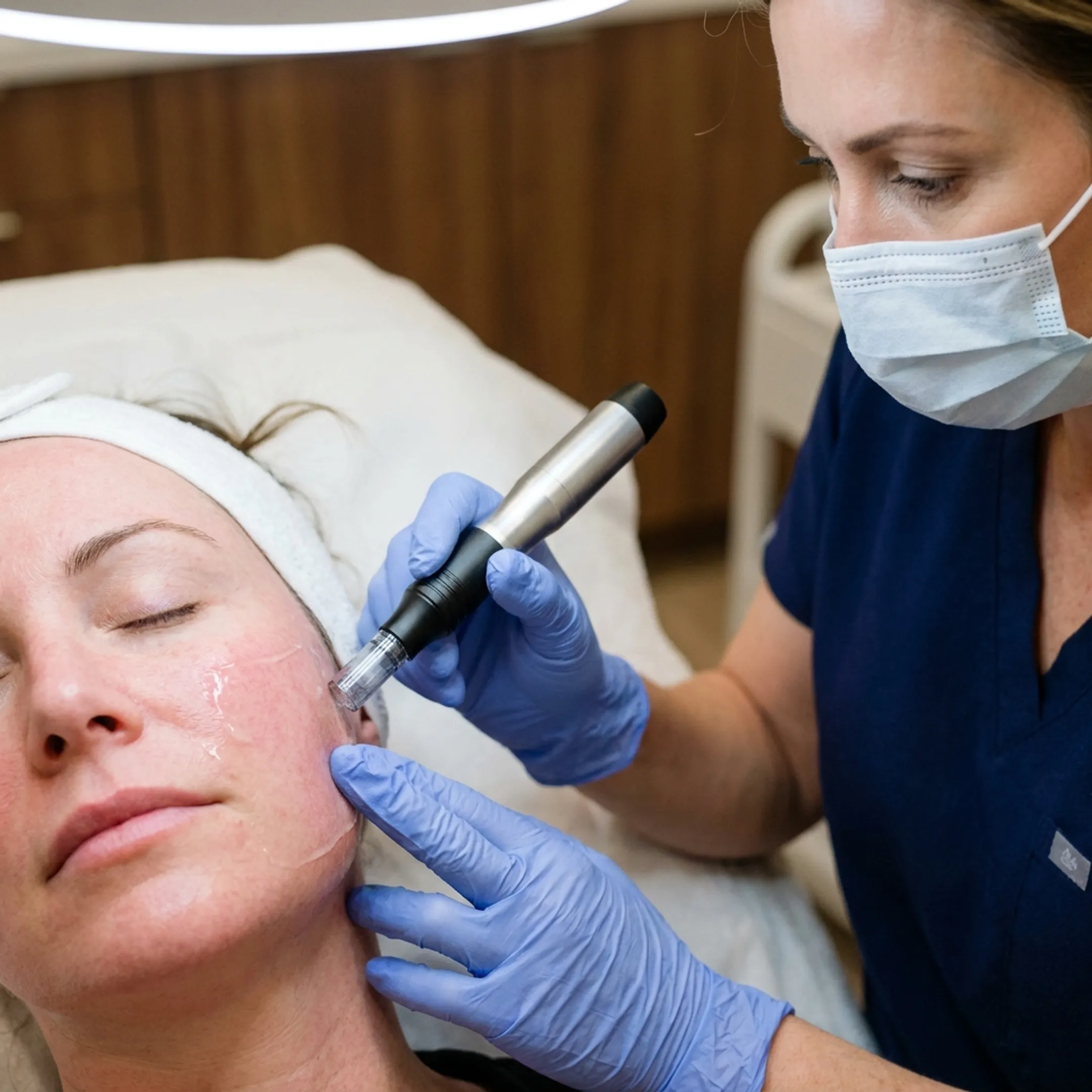 Aesthetician applying exosome serum during microneedling