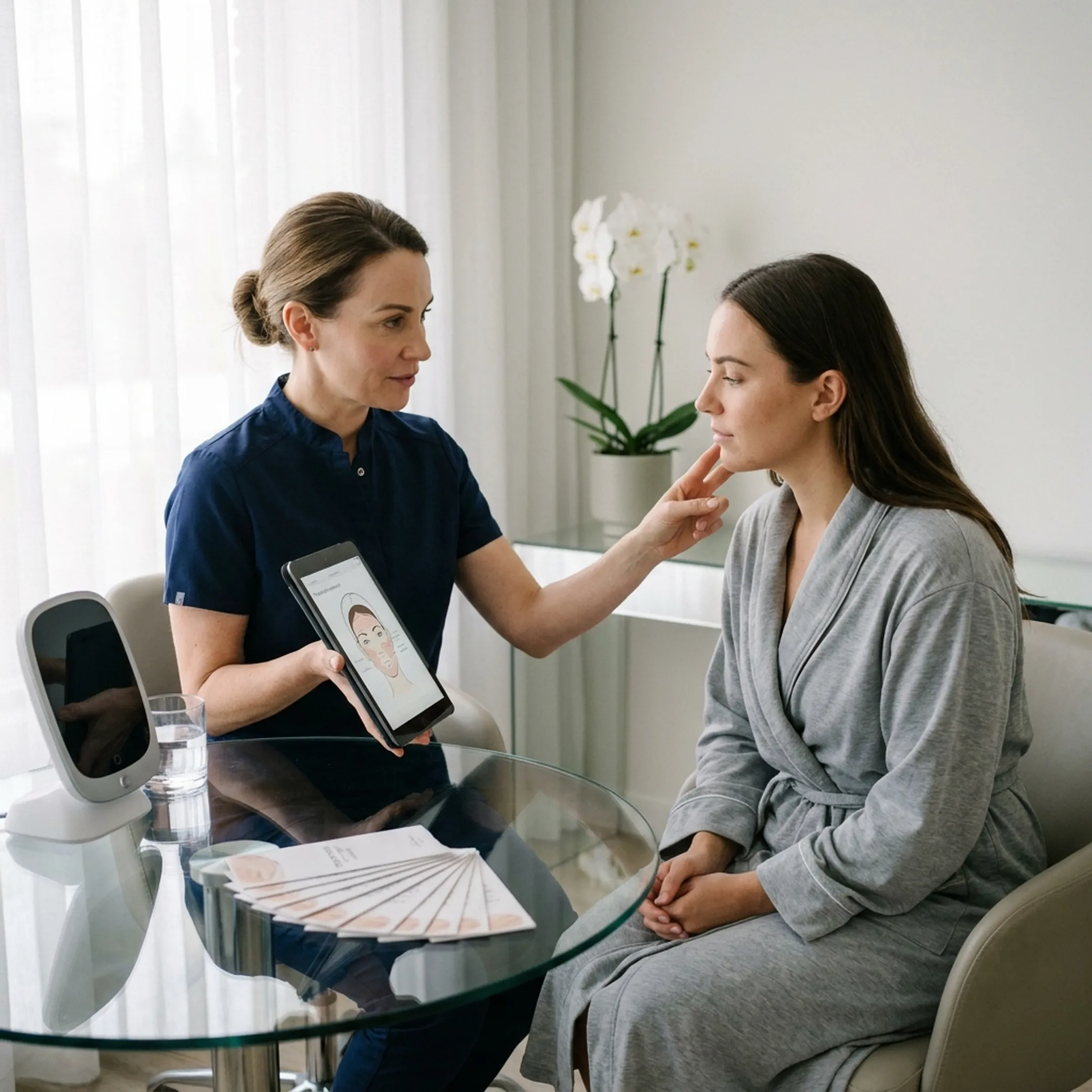 Detailed lip filler consultation between aesthetic nurse and client