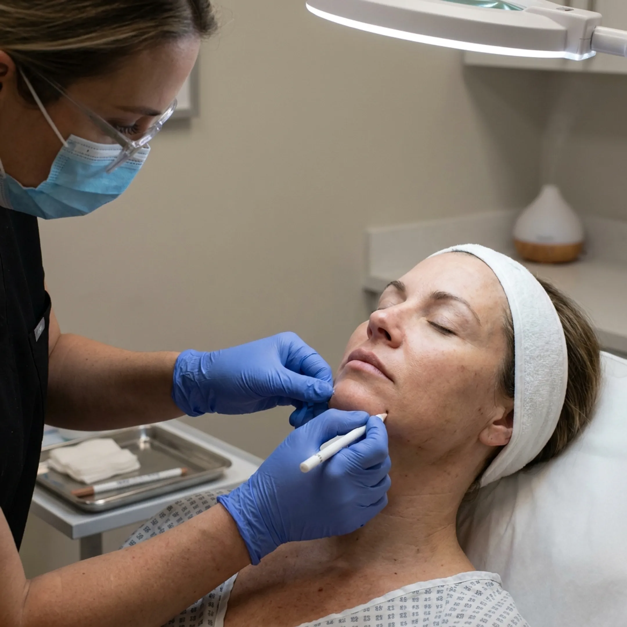 Provider evaluating a patient for jawline dermal filler injections