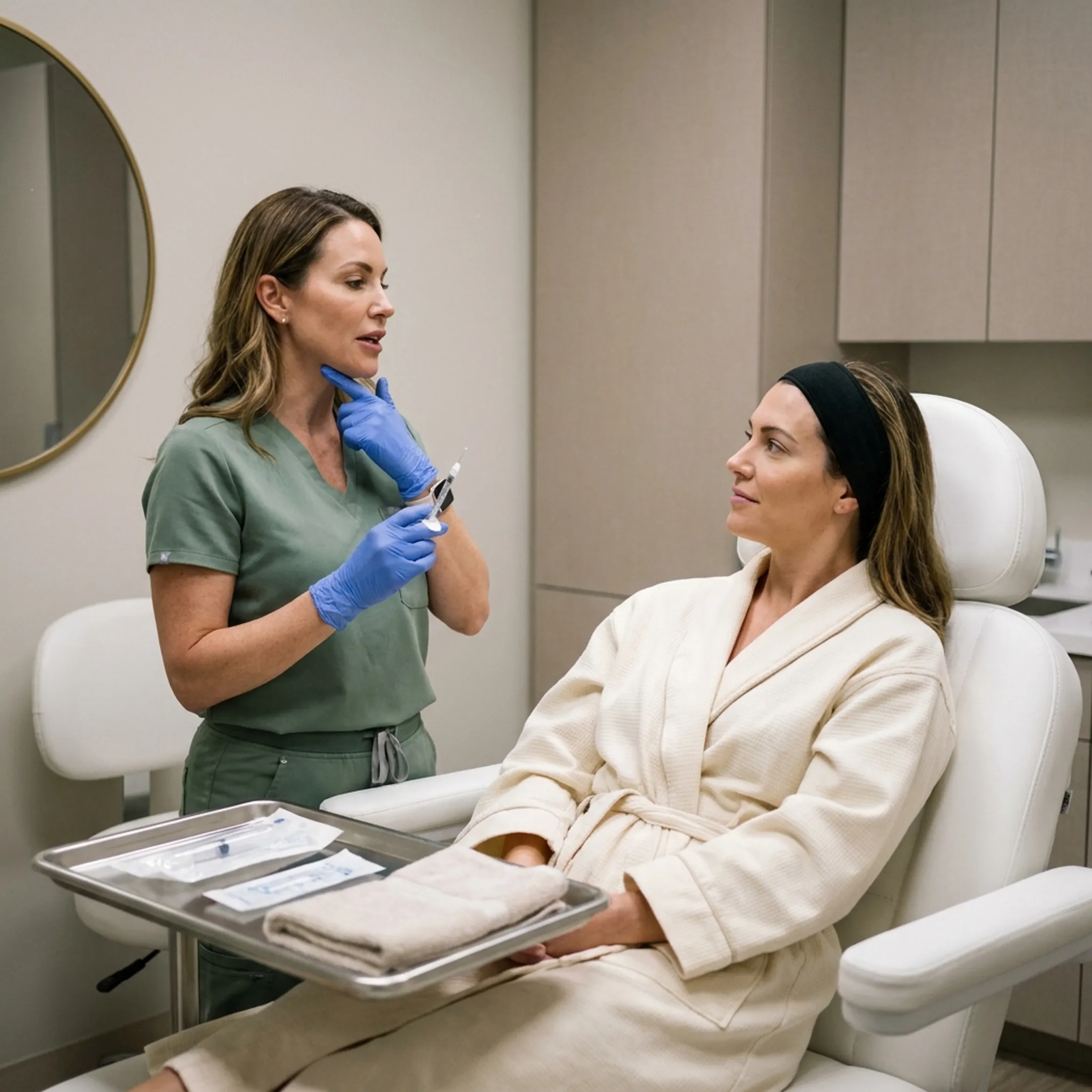 Aesthetic nurse injector preparing dermal filler for a jawline treatment