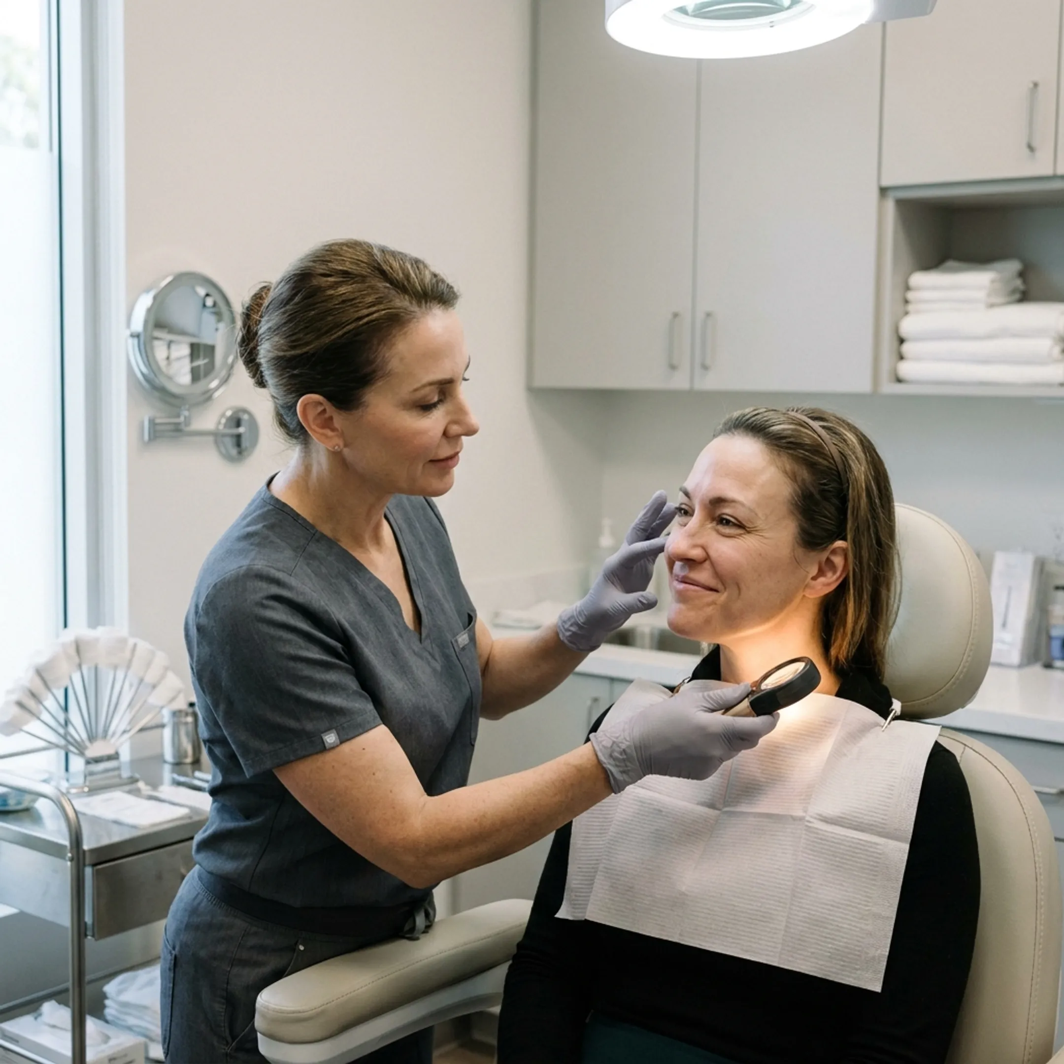 Close-up of client receiving a gentle facial aesthetic consultation
